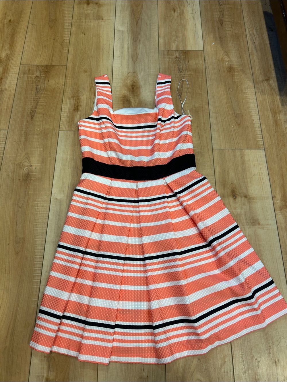 NWT Julian Taylor Coral, White and Black Striped Fit-and-Flare Mini Dress